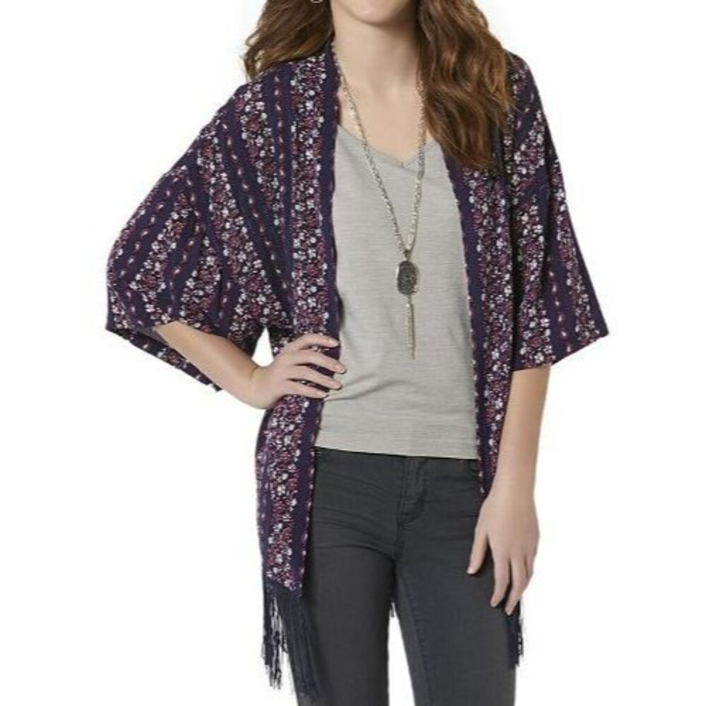 Bongo Multi-Color Scarf Print Fringe Kimono Jacket Women Juniors Size S/M